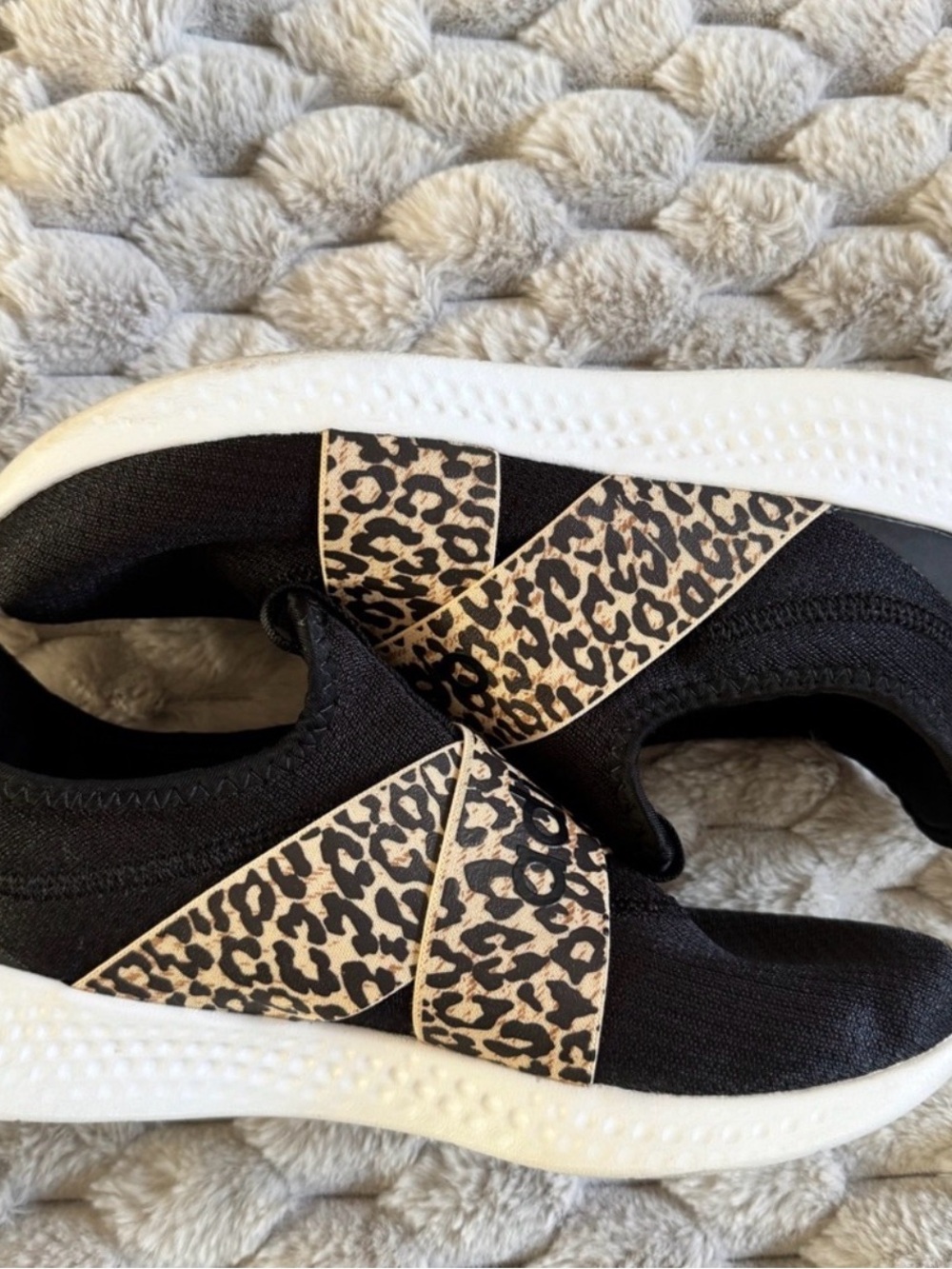 Adidas Women's Puremotion Adapt Black Slip-On Sneakers with Leopard Print Straps